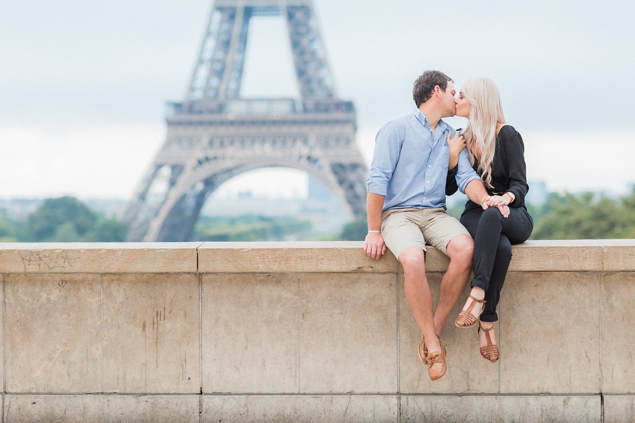 Surprise proposal Paris photographer engagement shoot natural light film fine art France love session Eiffel Tower