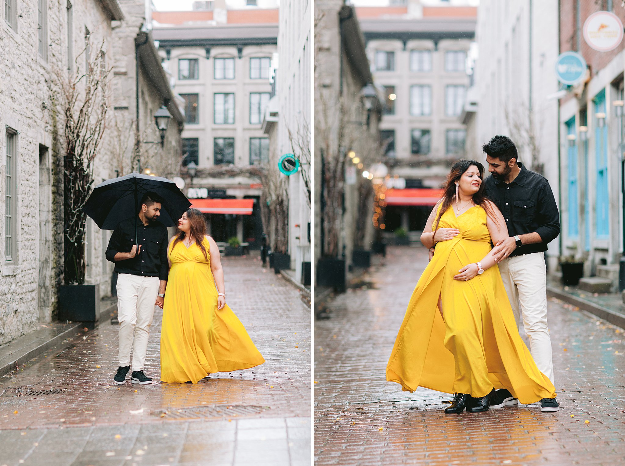 Maternity session capturing the love and anticipation of a couple against the scenic backdrop of Old Port, Montreal.