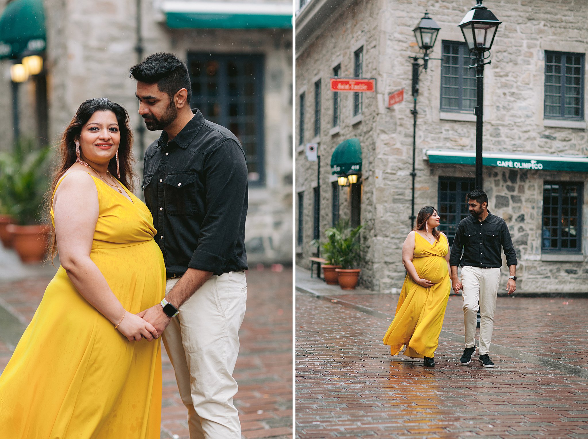 Pregnant couple joyfully strolling through the charming streets of Old Port during a maternity photoshoot.