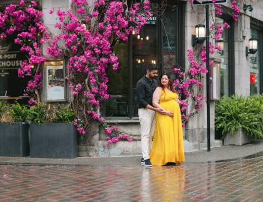 A couple's journey to parenthood unfolds in the enchanting Old Port neighbourhood of Montreal during their maternity photoshoot.