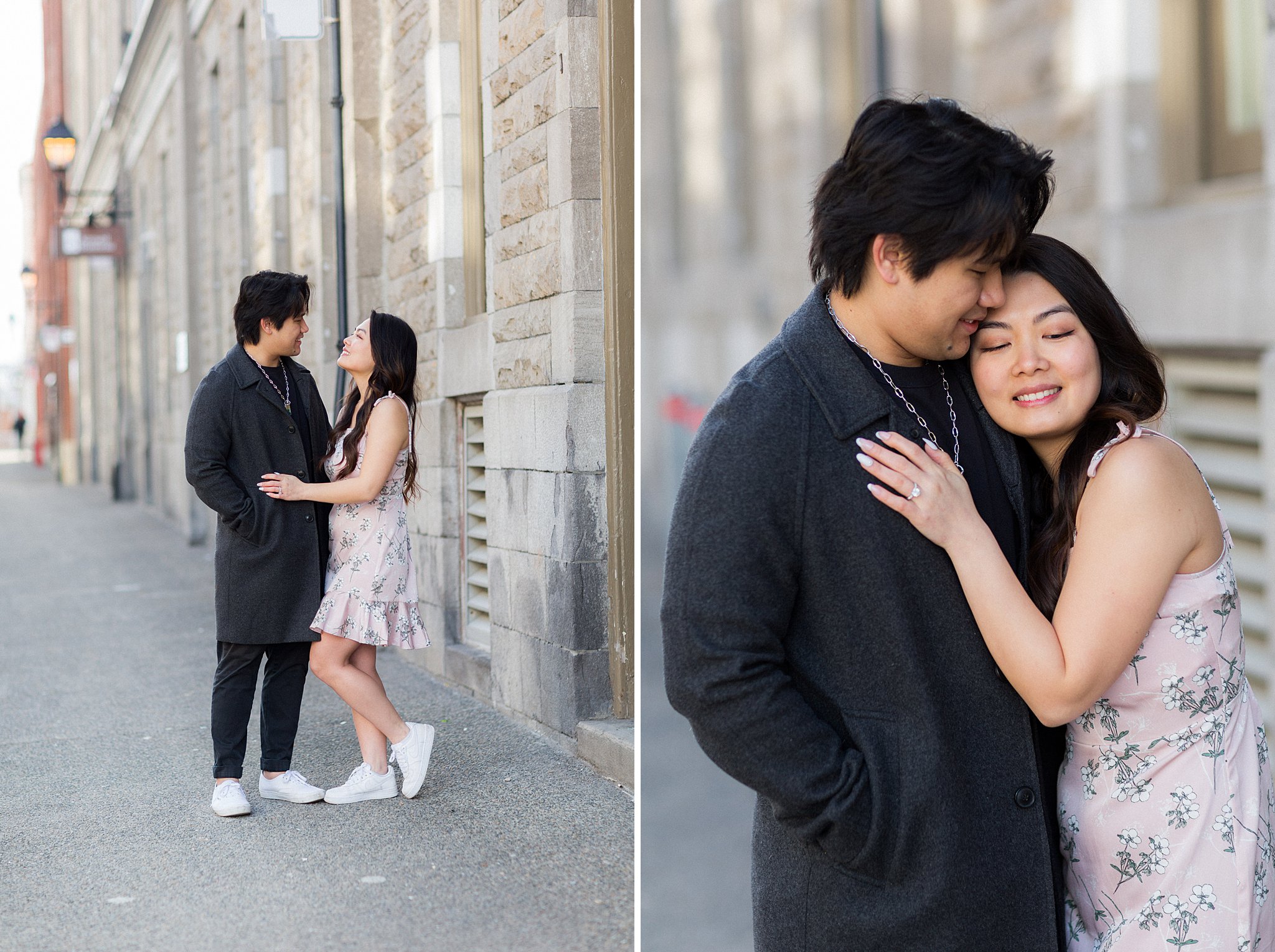 Candid moment of the proposal in Montreal’s Old Port