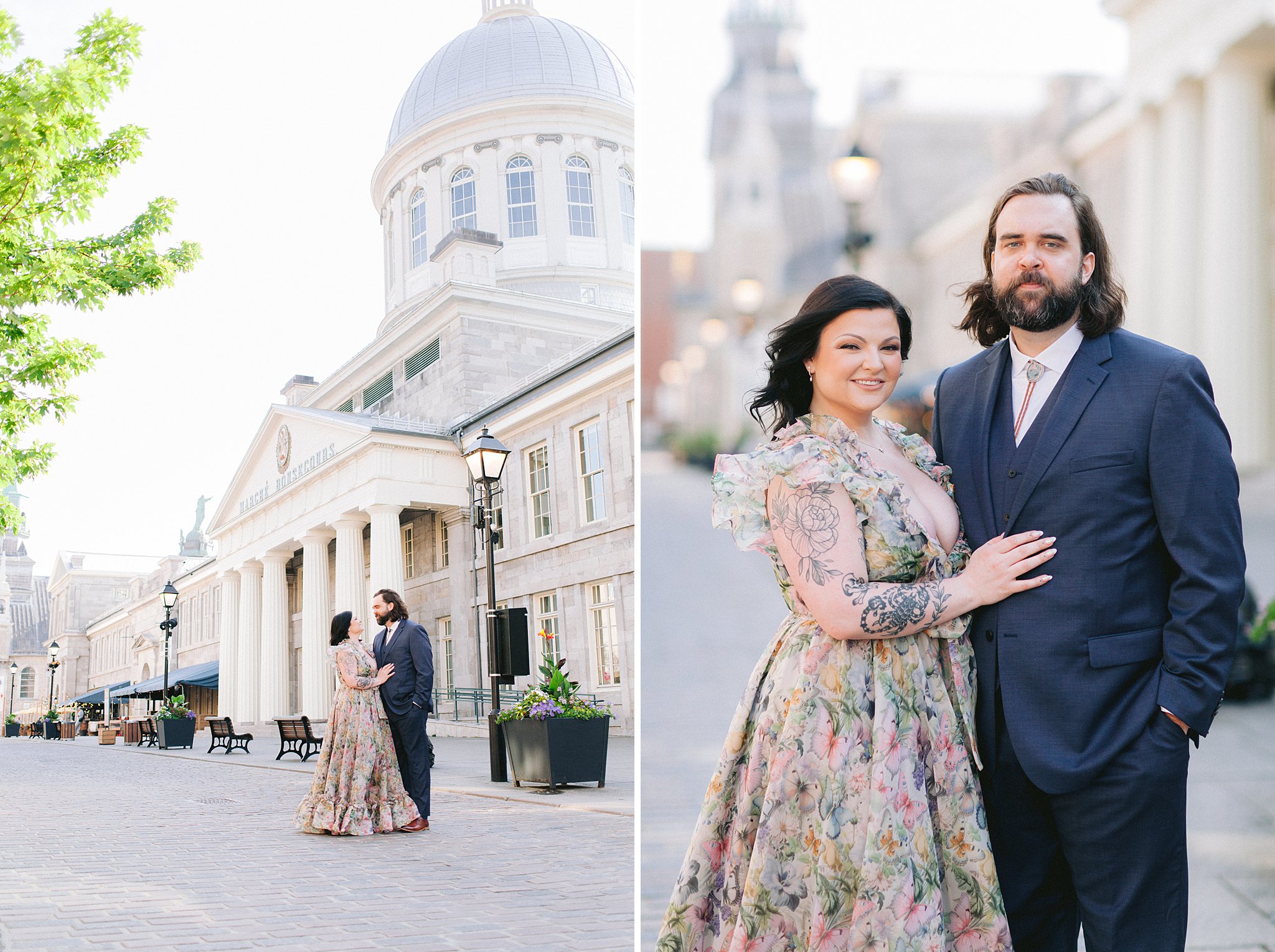 Bride and groom posing in front of old Montreal buildings