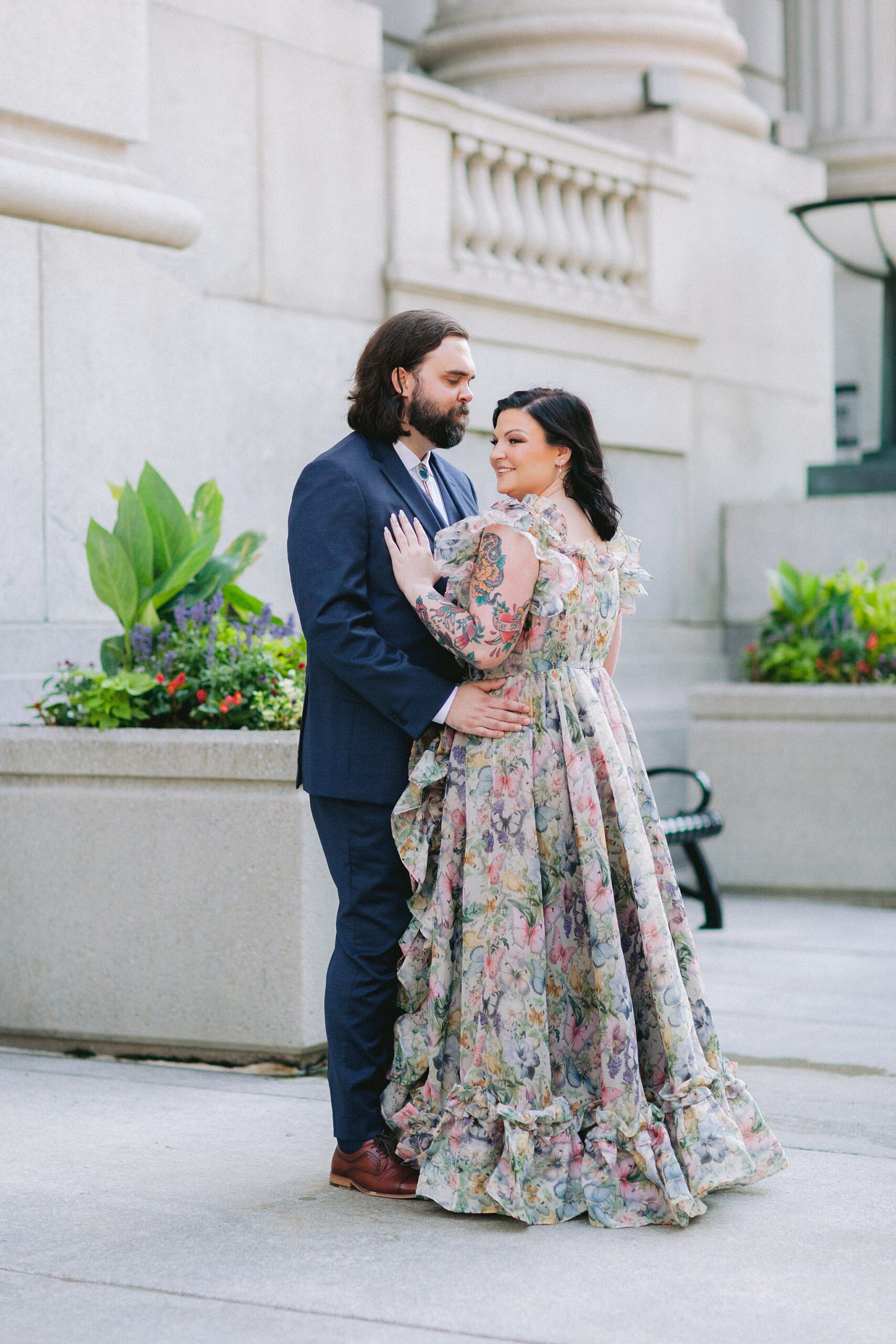 Bride and groom in a romantic embrace in a Montreal