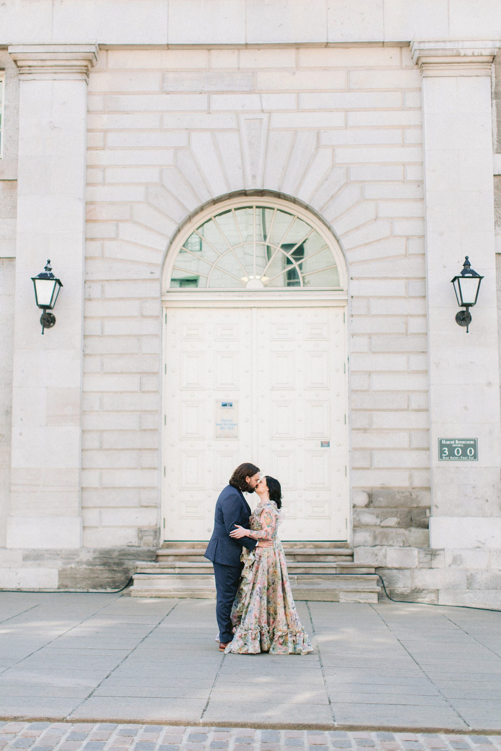 Bride and groom with Montreal's historic buildings in the background