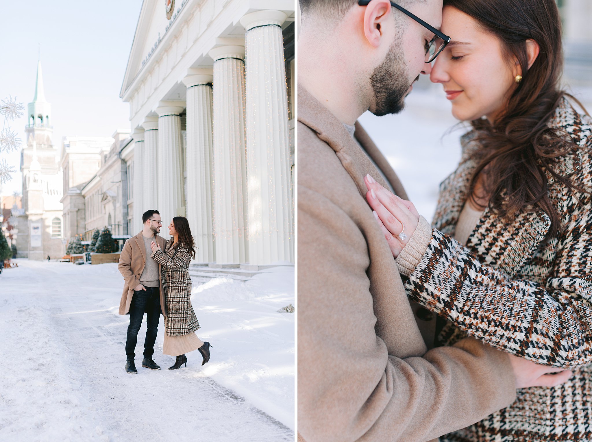 Romantic winter engagement shoot in Old Port, Montreal, captured by a fine art photographer.