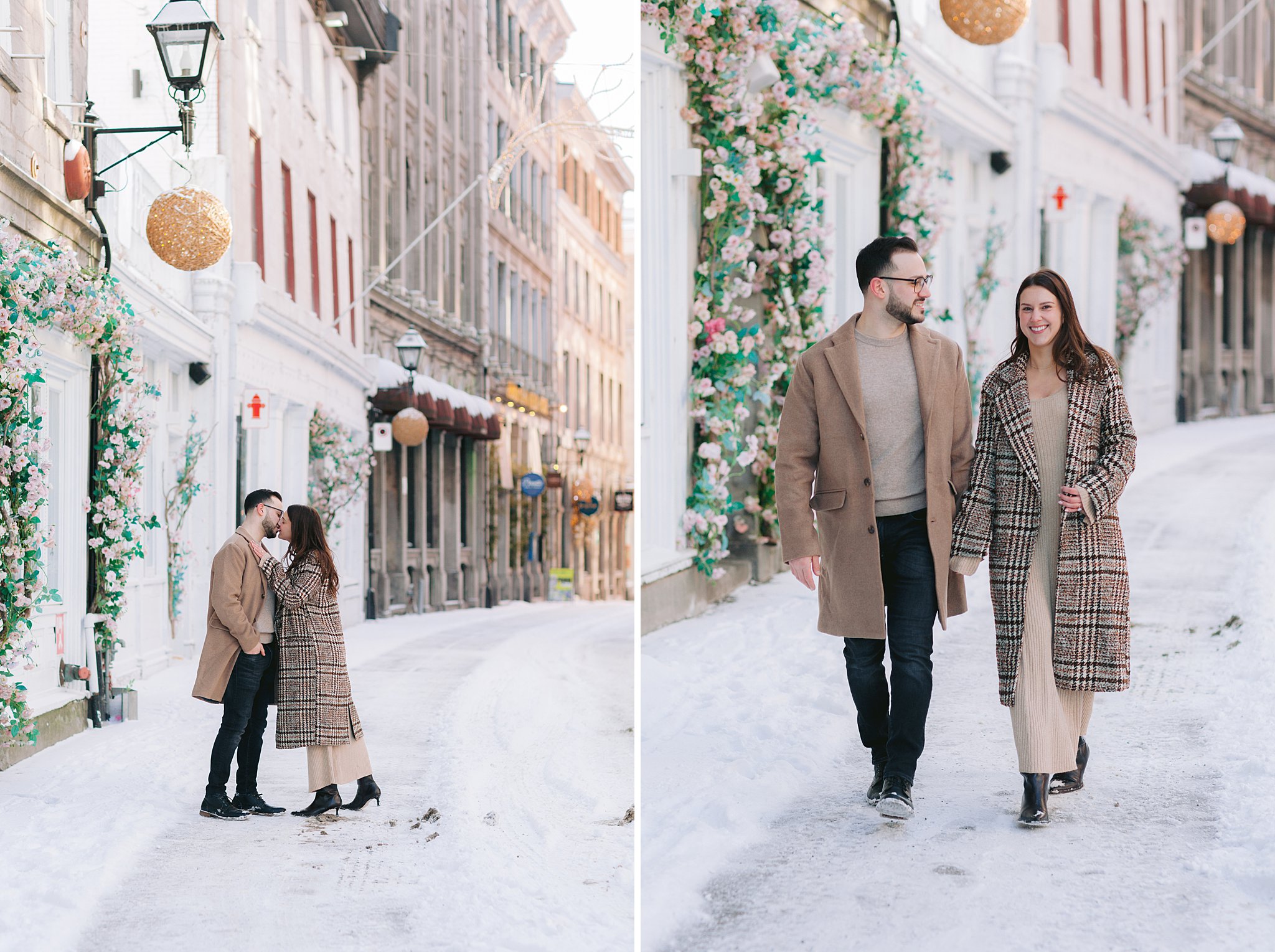 A romantic winter engagement shoot in Canada’s picturesque Old Port, Quebec.