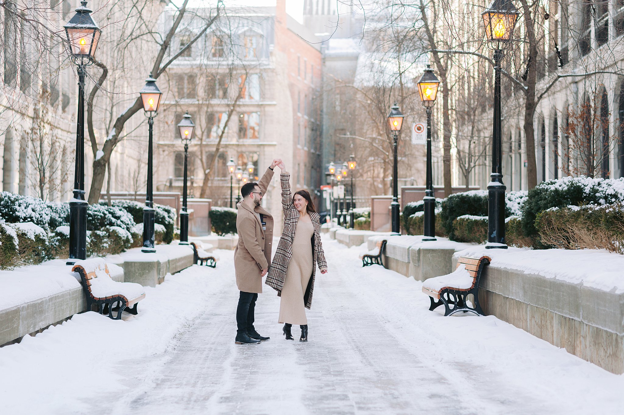 Dreamy winter proposal photography in Montreal’s historic district.