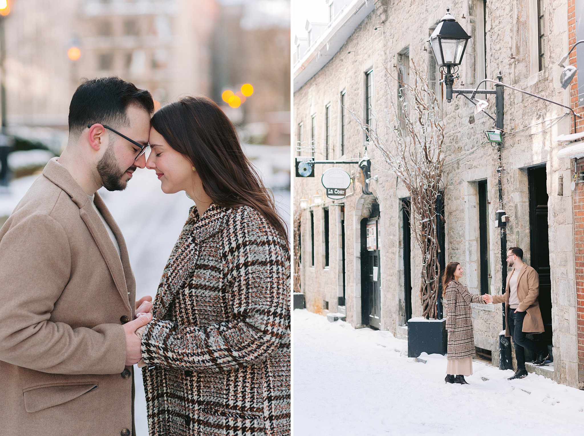 Engagement shoot in Old Port, Montreal, featuring European-style architecture.